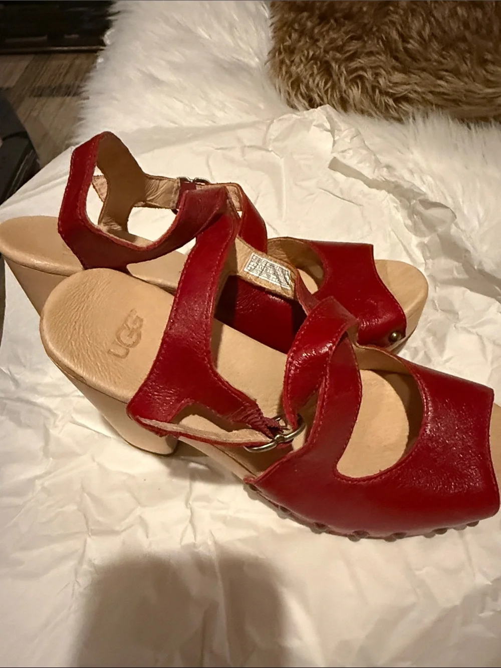UGG Red Leather Crisscross Peep-Toe Slingback Sandals